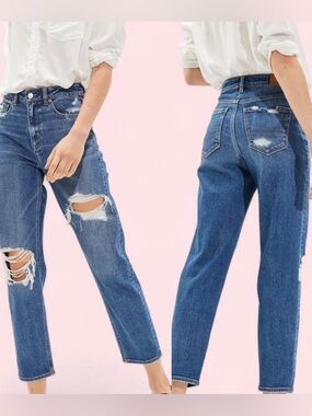 American Eagle Mom Straight Jeans Distressed 000 Regular Cool Torn Blue